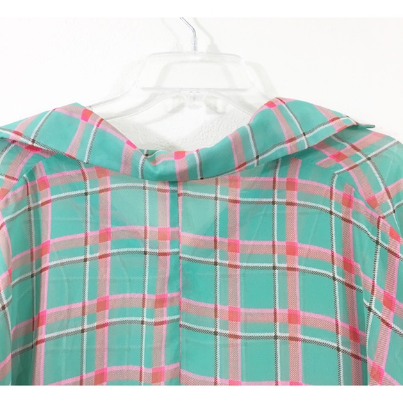 Poema Sheer Plaid High Low Hem Collar V-neck Top - Picture 6 of 8